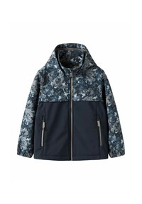 Veste à capuche avec un corps bleu marine foncé et un motif camouflage texturé dans des nuances de bleu et de gris sur les épaules et les manches. Deux poches zippées.