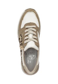 Tan and white sneaker with a leopard print accent. Features a textured upper, lace closure, and a decorative zipper on the side.
