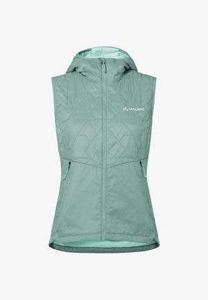 Gilet senza maniche color turchese chiaro con cappuccio, cerniera frontale, due tasche con zip, sezione superiore trapuntata e logo Vaude sul petto.