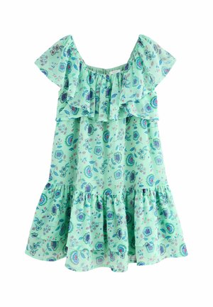 Mintgrünes Kleid mit Blumenmustern, Rüschensäumen und einem gestuften Saum. Hergestellt aus leichtem Material mit lockerer Passform.