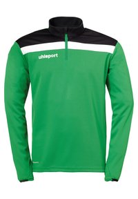 Pullover atletico verde con colletto a mezza zip, pannello nero sulle spalle e strisce bianche. Realizzato in un tessuto morbido e leggero; presenta il logo sul petto.