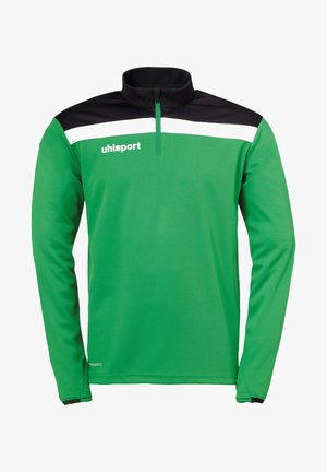 Groene sportpullover met een half-rits kraag, zwart schouderpaneel en witte strepen. Gemaakt van soepel, lichtgewicht materiaal; heeft een logo op de borst.