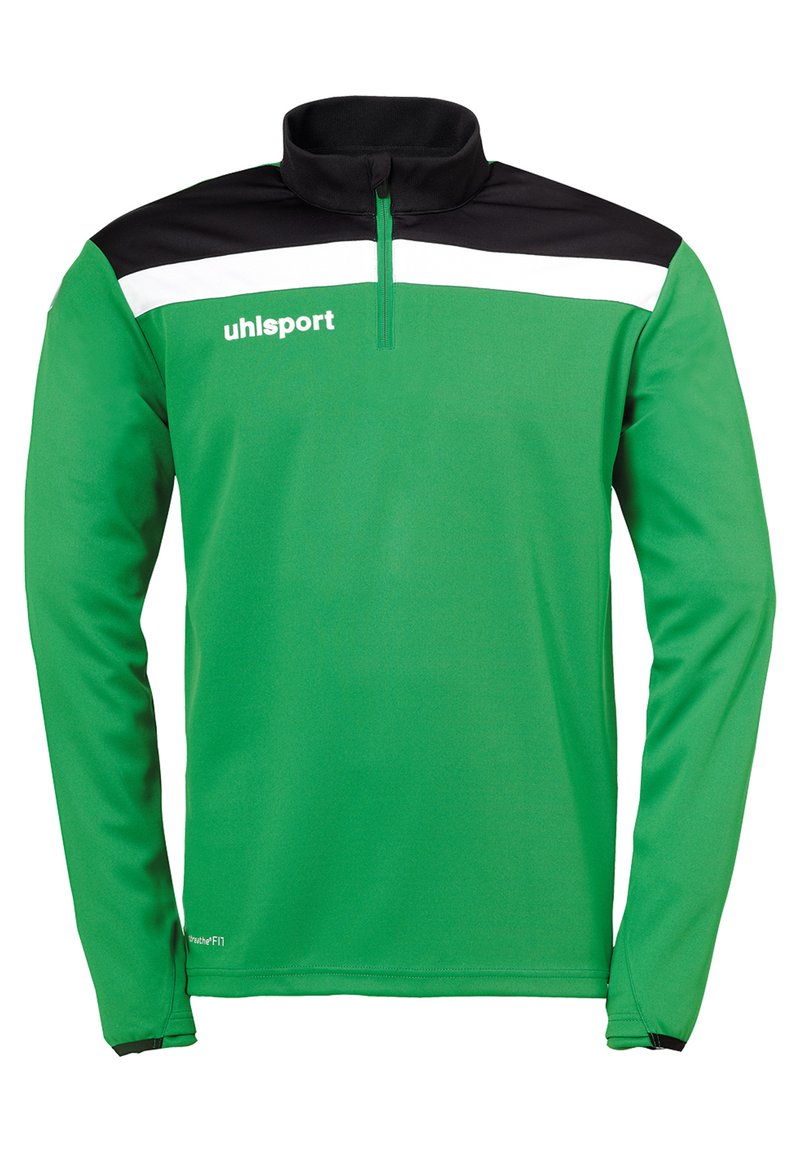 Pullover atletico verde con colletto a mezza zip, pannello nero sulle spalle e strisce bianche. Realizzato in un tessuto morbido e leggero; presenta il logo sul petto.