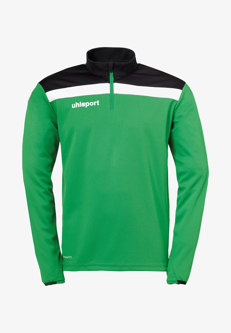 Pullover atletico verde con colletto a mezza zip, pannello nero sulle spalle e strisce bianche. Realizzato in un tessuto morbido e leggero; presenta il logo sul petto.