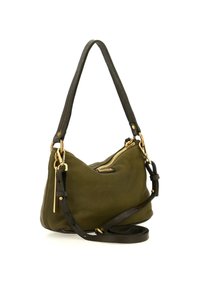 Borsa in pelle verde oliva con forma curvata, zip dorate, tracolla nera rimovibile e dettagli di cucitura a contrasto.