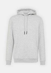 Haut à capuche gris clair avec cordon de serrage et poche avant. Confectionné dans un tissu doux, avec des poignets et un ourlet côtelés. Design simple à enfiler.
