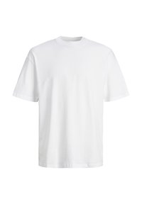 Fehér pamut póló, kerek nyakú, rövid ujjú, laza fazonú, sima textúrájú, grafikák vagy minták nélkül, szabványos aljahosszal.