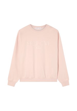Felpa rosa con maniche lunghe, collo rotondo, polsini e orlo inferiore a coste. Presenta il testo "SELFLOVE Club" in rilievo di una tonalità leggermente più scura.