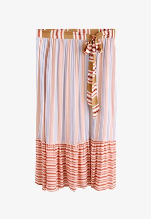 Középhosszú szoknya, függőleges pasztell csíkokkal, széles csíkos derékrésszel, megkötött masnival és vízszintes csíkos fodros szegéllyel.