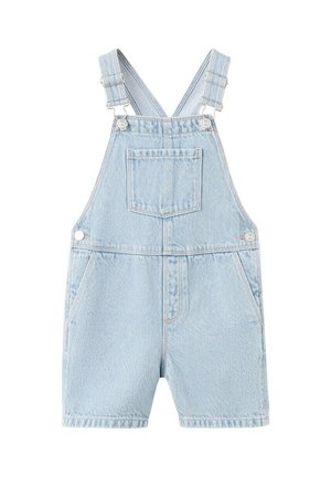 Hellblaue Jeans-Kurzoveralls mit verstellbaren Trägern, einer Brusttasche vorne, seitlichen Knöpfen und zwei vorderen Taschen.