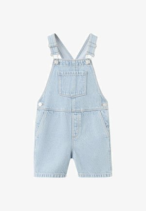 Svijetloplavi kratki traper kombinezon s podesivim naramenicama, prednjim džepom na prsima, bočnim gumbima i dva prednja džepa.