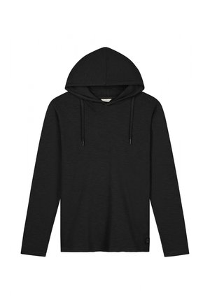Fekete, hosszú ujjas kapucnis felső textúrált anyagból, húzózsinóros kapucnival és egy kis logóval az elején, alul bal oldalon.