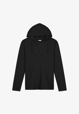 Fekete, hosszú ujjas kapucnis felső textúrált anyagból, húzózsinóros kapucnival és egy kis logóval az elején, alul bal oldalon.