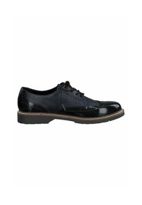 Sorte læder oxford sko med en glansfuld finish, wingtip-design, perforerede detaljer og en tekstureret sål. Har snørelukning.