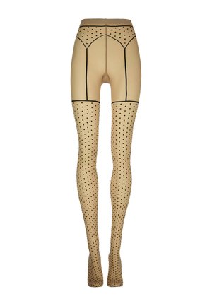 Beige doorschijnende panty's met zwarte polkadots op de benen en bovenbeen, met zwarte naaddetails en een versterkte tailleband.