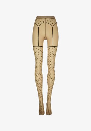 Collant beige trasparenti con pois neri su gambe e parte superiore della coscia, con dettagli di cuciture nere e vita rinforzata.