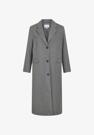 Long gray coat made from wool blend with notched lapels, three buttons, two front pockets, and a smooth interior lining.