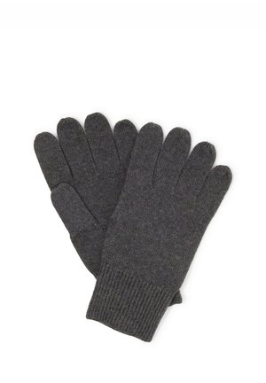 Pareja de guantes tejidos de color gris oscuro con puños acanalados, colocados planos, dedos juntos, sobre un fondo blanco.