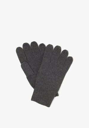 Pareja de guantes tejidos de color gris oscuro con puños acanalados, colocados planos, dedos juntos, sobre un fondo blanco.