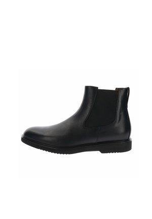 Stivaletto Chelsea alla caviglia in pelle nera con pannelli laterali elasticizzati e tacco basso, mostrato di profilo su sfondo bianco.