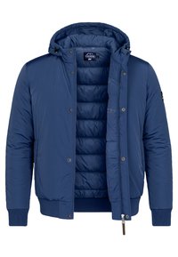 Dunkelblaues Steppjacke mit Kapuze, Druckknöpfen, gerippten Bündchen und Saum, mit einer gesteppte Innenseite und Seitentaschen.