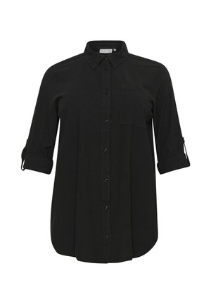 Schwarzes, langärmeliges Hemd mit Knöpfen, hochgekrempelten Ärmeln, einer einzelnen Brusttasche und einem spitzen Kragen, auf weißem Hintergrund dargestellt.