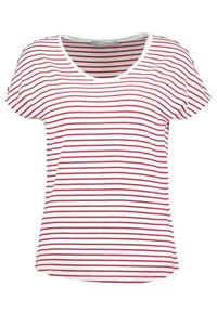 Camiseta de rayas rojas y blancas, de manga corta, diseño de cuello en V, tela suave, corte holgado, dobladillo limpio y sin logotipos ni patrones visibles.