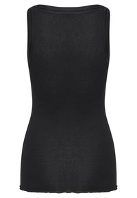 Melna bez piedurknēm topiņš, izgatavots no ribota materiāla, ar apaļu dekoltē un viļņotu apakšējo malu, ar pieguļošu siluetu.