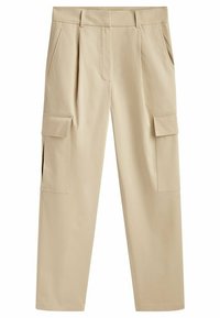 Beige cargobroek met een rechte pijp, voorzien van voorzakken en zijcargozakken. Gemaakt van lichtgewicht stof met een soepele textuur.