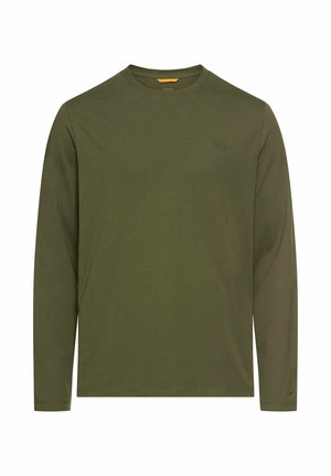 T-shirt à manches longues, vert olive, fabriqué en coton doux, présentant un col ras du cou, un branding minimaliste sur la poitrine et une coupe décontractée.