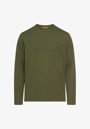 Long-sleeve, olive green T-shirt made of soft cotton, featuring a crew neck, minimal branding on the chest, and a relaxed fit.