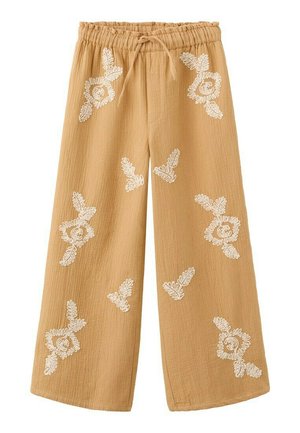 Pantaloni beige a gamba larga con elastico in vita e coulisse, decorati con motivi floreali ricamati bianchi distribuiti uniformemente.