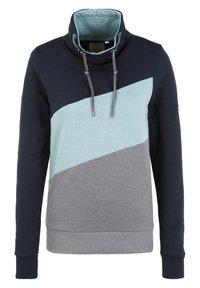 Pull à col montant en bleu marine, bleu clair et gris avec cordons de serrage, motif de blocs de couleurs en diagonale, et poignets et ourlet côtelés.