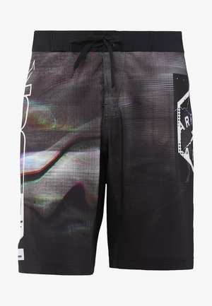 Shorts de bain noirs ornés d'un motif abstrait coloré, avec une taille élastique et un cordon de serrage, et des accents de marque en blanc contrastant.