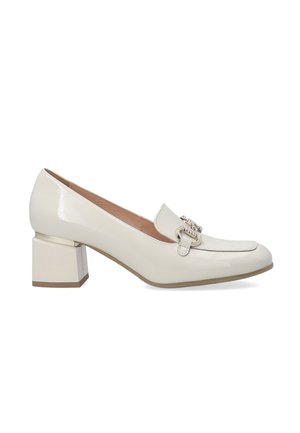 White patent leather high-heeled loafers with a square block heel and decorative buckle accent. Smooth texture, rounded toe design.