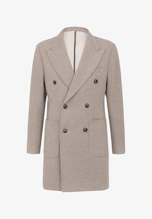 Brown herringbone-patterned double-breasted coat with large buttons, two front pockets, and a notched collar.