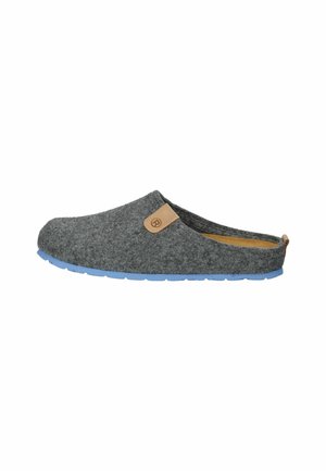 Grauer Filz-Slipper mit hellblauer Sohle und kleinem beigefarbenem Leder-Logo-Patch an der Außenseite.
