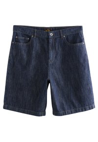 Shorts din denim de culoare albastru închis, cu un model subtil de dungi verticale, având cinci buzunare și o închidere cu nasture la talie.