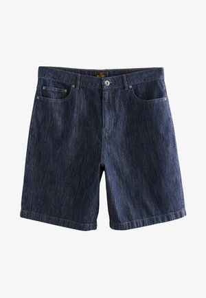 Džínové šortky v tmavomodrej farbe s jemným vertikálnym prúžkovaným vzorom, s piatimi vreckami a gombíkovým zapínaním v páse.