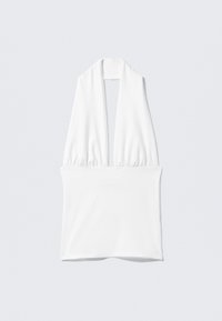 White sleeveless top with a deep V-neck and gathered detail at the waist. Made from smooth fabric, it features a soft texture and minimalist design.