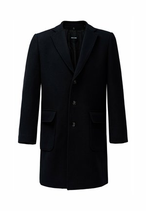 Crni vuneni kaput s izrezanim ovratnikom, kopčanjem sprijeda i dva prednja žepa. Tekstura se čini glatkom s definiranim siluetom.