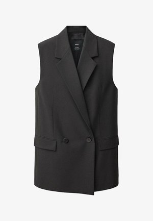 Svart ärmlös kavaj med dubbelknäppt front, skarpa slag, två sidofickor och en strukturerad design i ett slätt tyg.