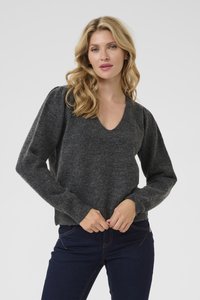 Maglione grigio a maglia con scollo a V, maniche a palloncino e polsini a costine. La texture sembra morbida e accogliente, adatta per un abbigliamento casual.