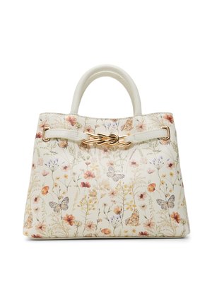 Handtas van zacht materiaal met bloemen- en vlinderprint, goudkleurige sluiting en twee bovenhandvatten.