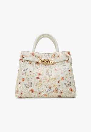 Handtas van zacht materiaal met bloemen- en vlinderprint, goudkleurige sluiting en twee bovenhandvatten.
