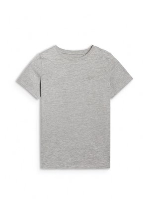 Prosty szary t-shirt z krótkim rękawem i okrągłym dekoltem, prezentowany na płasko na białym tle.