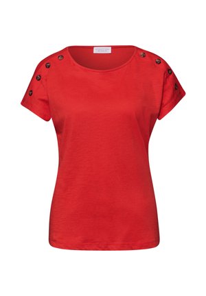Rood T-shirt met korte mouwen, ronde halslijn en decoratieve bruine knopen langs beide schouders, effen voorkant, katoenen stof.