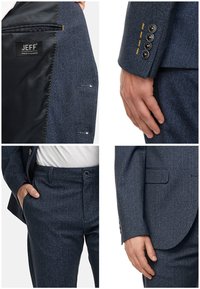 Marineblauw jasje in visgraatmotief met een gladde binnenkant, vier knopen aan de mouwen en zijzakken; bijpassende broek met een glad voorkantontwerp.