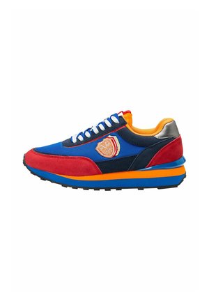 Sneaker with a blue mesh upper, red suede accents, orange lining, and silver heel. Features white laces and a logo patch. Thick black sole.