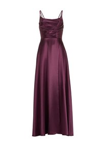 Robe en satin prune longue et sans manches avec un buste drapé, des fines bretelles et une jupe fluide qui tombe jusqu'au sol.